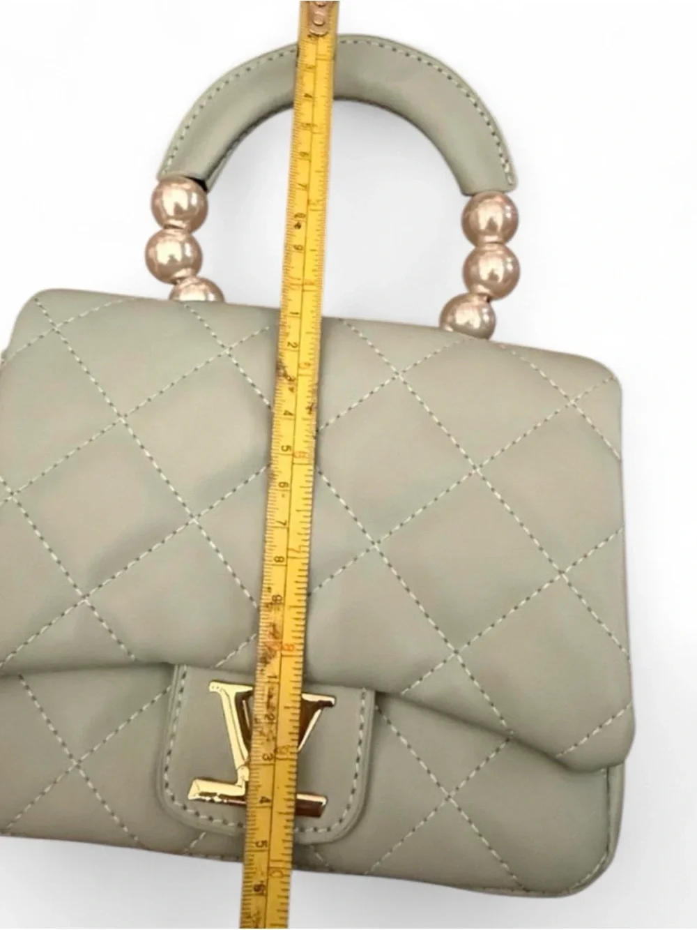 Quilted Kids Top-Handle Bag in Soft Blue Green with Gold Accent & Faux Pearls